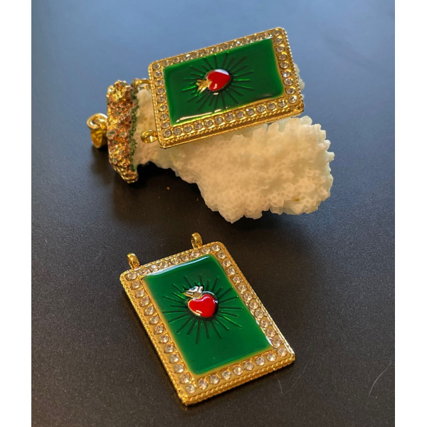 Pendentif Rectangle Cœur Ex Voto 36 mm, résine émaillée et strass – Acier Inoxydable 304 Doré à l’or fin 18K, PVD