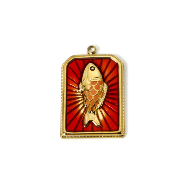 Pendentif Rectangle avec poisson 28 mm en résine émaillé – Acier Inox 304 Doré à l’or fin 18K, PVD
