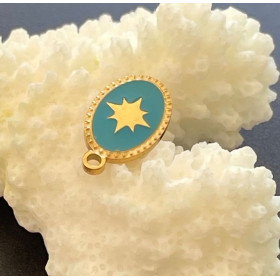 Pendentif Ovale avec étoile 15 mm en résine émaillée Bleu – Acier Inox 304 Doré à l’or fin 18K, PVD