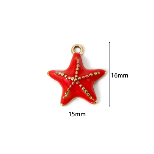 Pendentif Étoile de mer 16 mm avec résine émaillée Rouge – Acier Inoxydable 304 Doré à l’or fin 14K, PVD