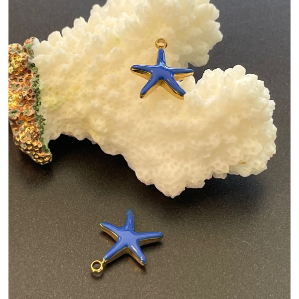 Pendentif Étoile de mer 14.5 mm avec résine émaillée Bleu – Acier Inoxydable 304 Doré, PVD