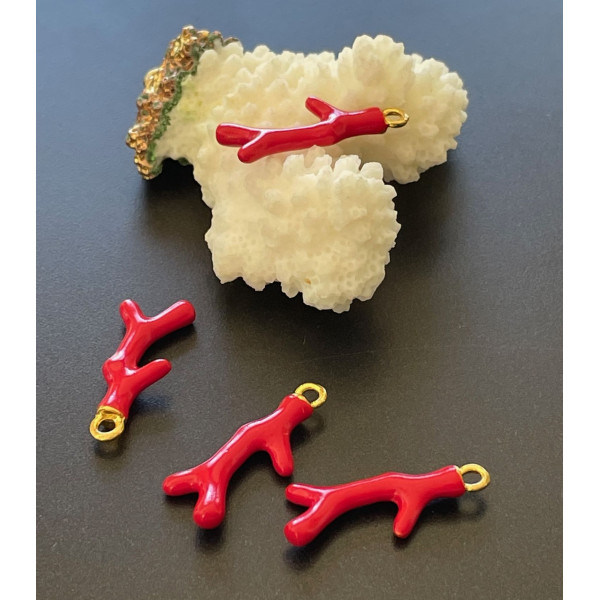 Breloques Pendentifs Corail 26mm Résine Rouge Émaillée sur Base Dorée