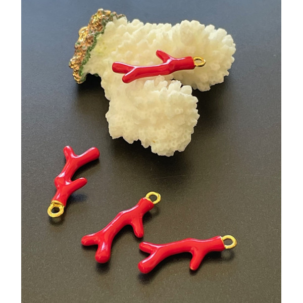 Breloques Pendentifs Corail 26mm Résine Rouge Émaillée sur Base Dorée