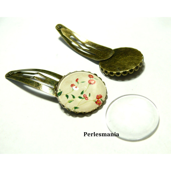 Supports Barrette Clip Vague 18mm + 2 Cabochons Verre Transparent