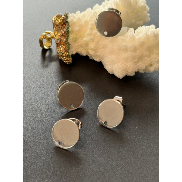 Boucles d’oreilles clou 10 mm avec trou, Acier Inoxydable Argenté + embouts