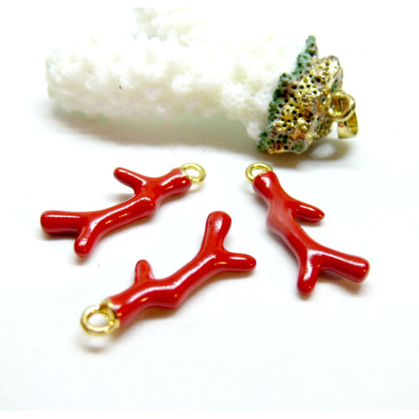 Breloques Pendentifs Corail 26mm Résine Rouge Émaillée sur Base Dorée