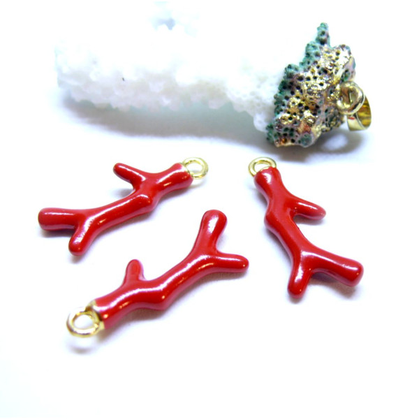 Breloques Pendentifs Corail 26mm Résine Rouge Émaillée sur Base Dorée