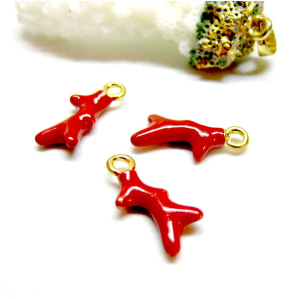 Breloques Pendentifs Corail 19mm Résine Rouge Émaillée sur Base Dorée