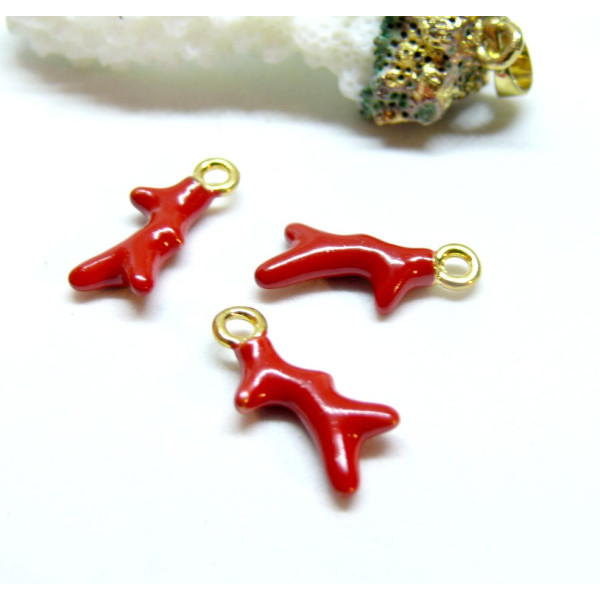 Breloques Pendentifs Corail 19mm Résine Rouge Émaillée sur Base Dorée