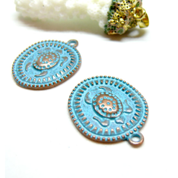 Pendentifs Médaillon Tortue 28 mm – Métal Couleur Cuivré Patiné Bleu Turquoise