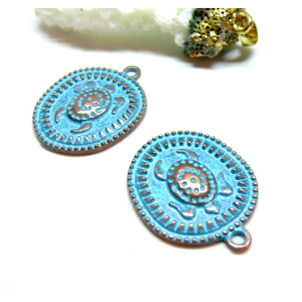 Pendentifs Médaillon Tortue 28 mm – Métal Couleur Cuivré Patiné Bleu Turquoise