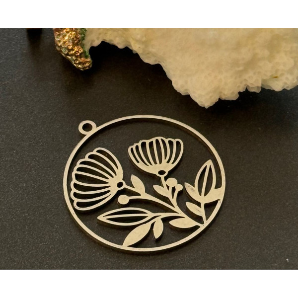 Pendentifs Fleurs dans cercle 30 mm – Acier Inoxydable 304 Argenté