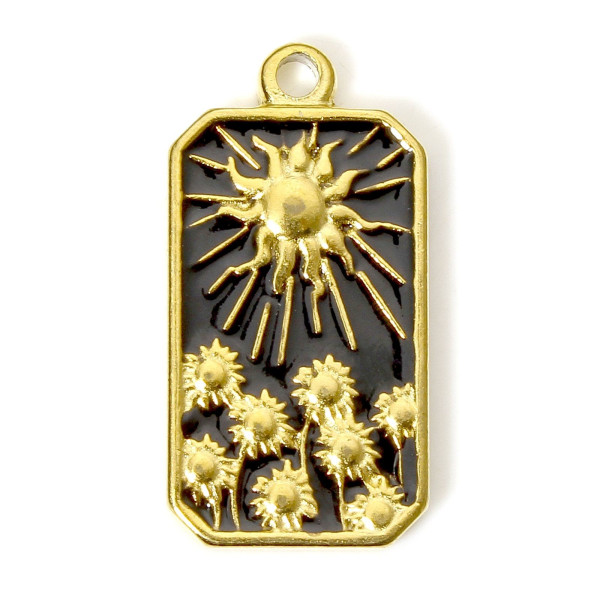 Pendentif Champs de Tournesol résine émaillé NOIR 26mm, Acier Inoxydable finition, Doré à l'or fin 18K