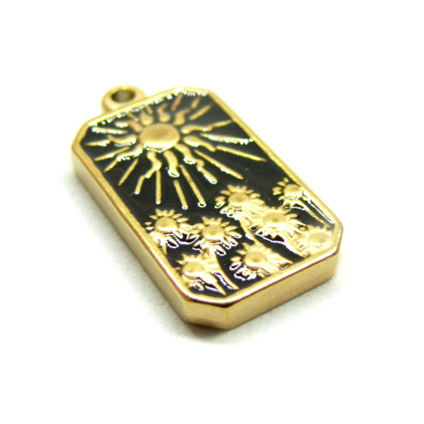 Pendentif Champs de Tournesol 26mm résine émaillée noire – Acier Inoxydable Doré