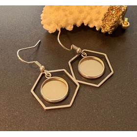 H11Z03612P – Lot de 2 ou 4 Supports de Boucles d’Oreilles Crochet Hexagone pour Cabochon Rond 12mm – Acier Inoxydable Argent