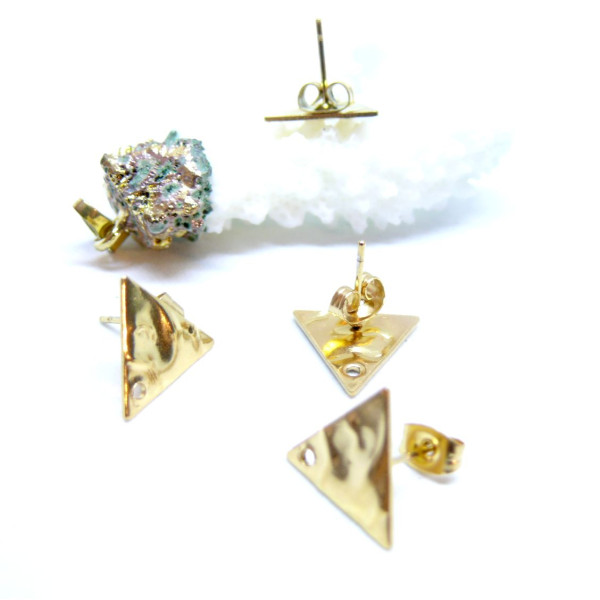 Boucles d'oreille Puces Triangle Martelées 12mm Acier Inox Doré 18K