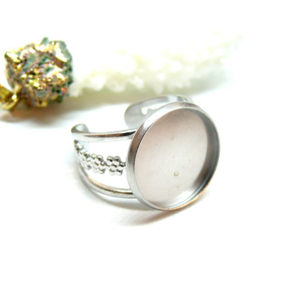 Support de Bague Ajustable pour Cabochon Rond 18 mm, Anneau travaillé – Acier Inoxydable 304 Argent