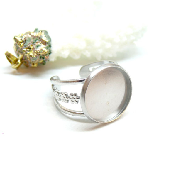 Support de Bague Ajustable pour Cabochon Rond 14 mm, Anneau travaillé – Acier Inoxydable 304 Argent