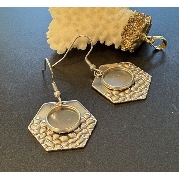 Supports de Boucles d’oreilles Hexagone martelé 12 mm – Acier Inoxydable 304 Argenté