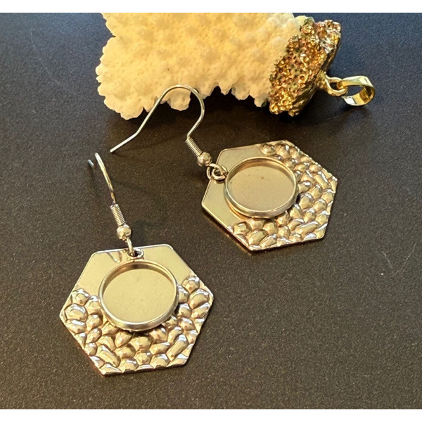 Supports de Boucles d’oreilles Hexagone martelé 12 mm – Acier Inoxydable 304 Argenté