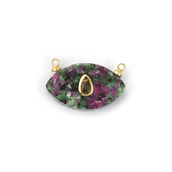 Connecteur Marquise Rubis Zoïsite 22 mm avec Zircon Goutte – Laiton Doré à l’Or Fin 18K