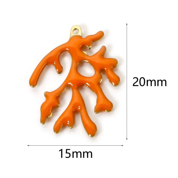 Pendentifs Branche de Corail 20 x 15 mm – Résine Émaillée ORANGE, Laiton Doré