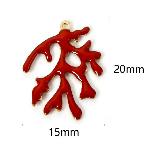 Pendentifs Branche de Corail 20 x 15 mm – Résine Émaillée ROUGE, Laiton Doré