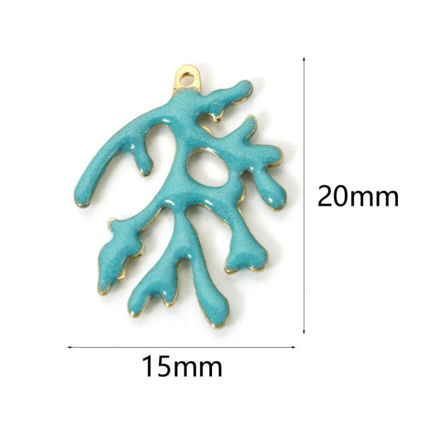 Pendentifs Branche de Corail 20 x 15 mm – Résine Émaillée TURQUOISE, Laiton Doré