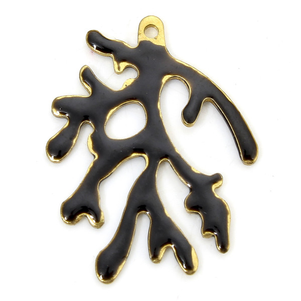 Pendentifs Branche de Corail 20 x 15 mm – Résine Émaillée NOIR, Laiton Doré