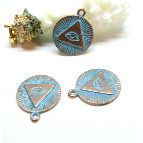 Pendentifs Gri-Gri, Amulette Œil de la Protection dans Triangle 20 mm – Métal Couleur Cuivré Patiné Bleu Turquoise
