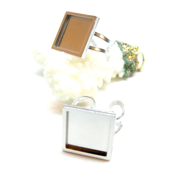 Support de bague pour cabochon carré 14mm – Acier inoxydable 304 – Finition argentée qualité extra