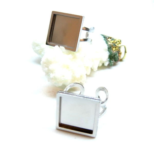 Support de bague pour cabochon carré 14mm – Acier inoxydable 304 – Finition argentée qualité extra