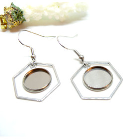 Supports de Boucles d’Oreilles Crochet Hexagone pour Cabochon Rond 12mm – Acier Inoxydable Argent Platine