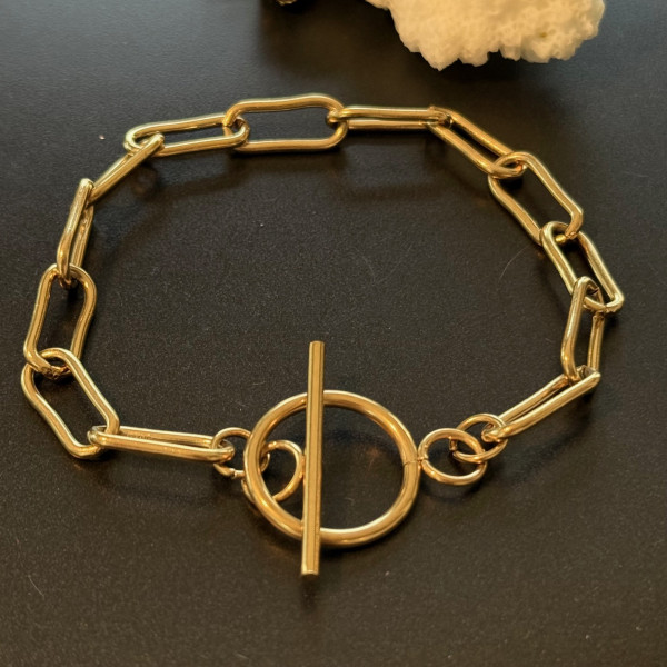 Bracelet  20.5cm maille Ovale rectangle 14mm et T Toggle  – Acier Inoxydable 304 Doré PVD