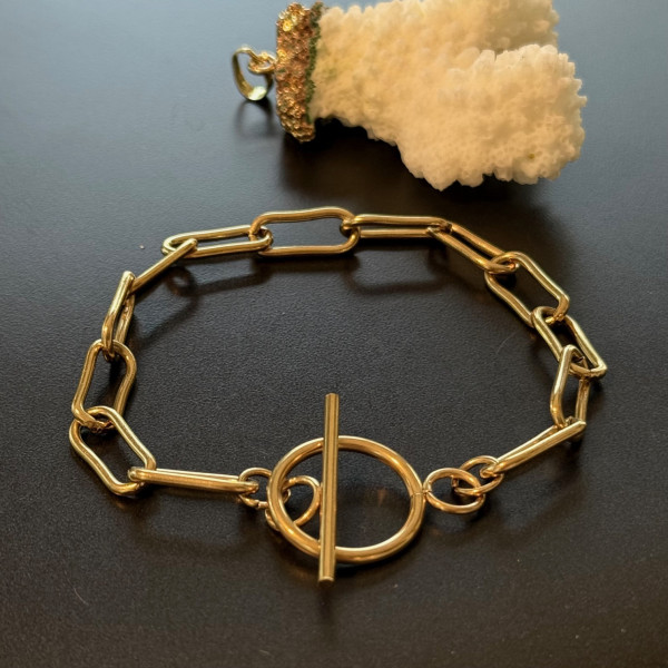 Bracelet  20.5cm maille Ovale rectangle 14mm et T Toggle  – Acier Inoxydable 304 Doré PVD