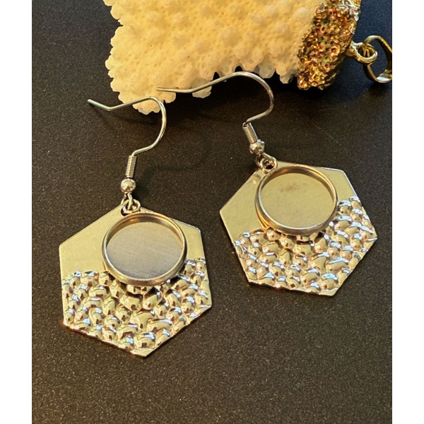 Supports de Boucles d’oreilles Hexagone martelé 12 mm – Acier Inoxydable 304 Argenté