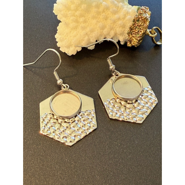 Supports de Boucles d’oreilles Hexagone martelé 12 mm – Acier Inoxydable 304 Argenté