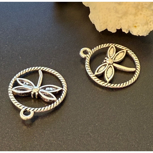Breloques Pendentifs Libellule dans Cercle – Laiton Finition Argent Antique