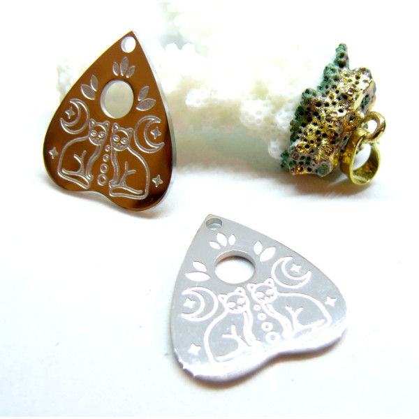 Pendentifs Médaille Cœur avec Lune et Chat 25 mm – Acier Inoxydable 304 Argenté