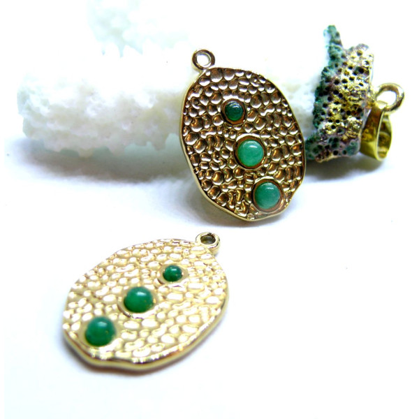 Pendentif Martelé avec Aventurine 23 x 16 mm – Acier Inoxydable 304 Doré