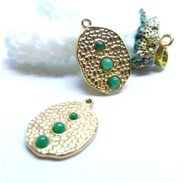 Pendentif Martelé avec Aventurine 23 x 16 mm – Acier Inoxydable 304 Doré