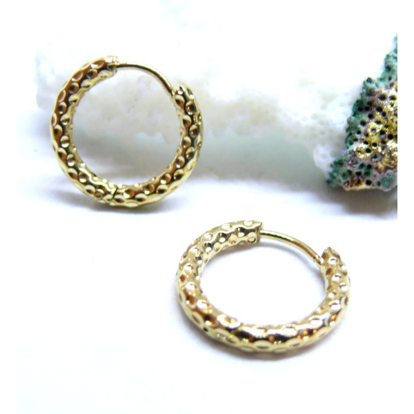 Créoles Rondes martelées  16.5 par 2.5 mm – Acier Inoxydable 304 Doré à l'or fin 18K, IONIQUE