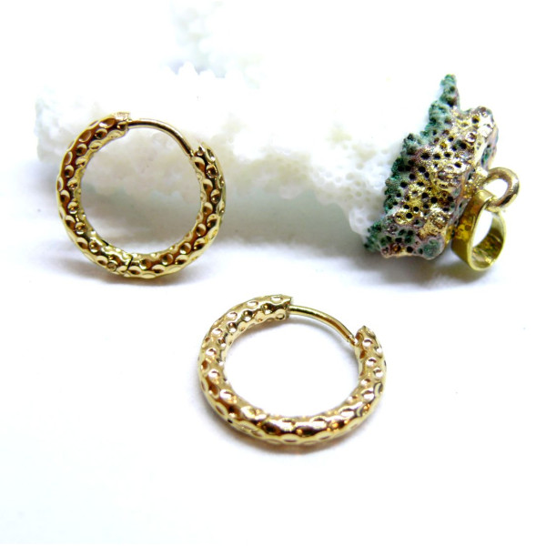 Créoles Rondes martelées  16.5 par 2.5 mm – Acier Inoxydable 304 Doré à l'or fin 18K, IONIQUE