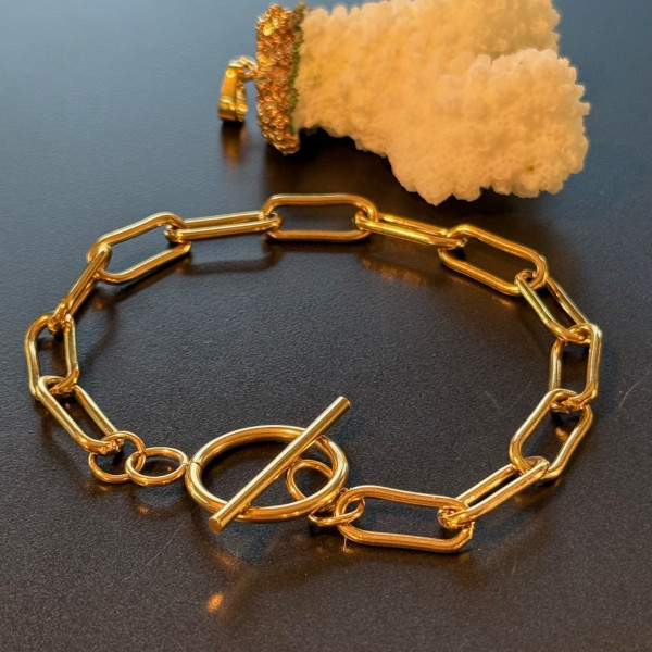 Bracelet 22 cm Maille Ovale Rectangle 16 x 7 mm avec Fermoir T Toggle – Acier Inoxydable 304 Doré