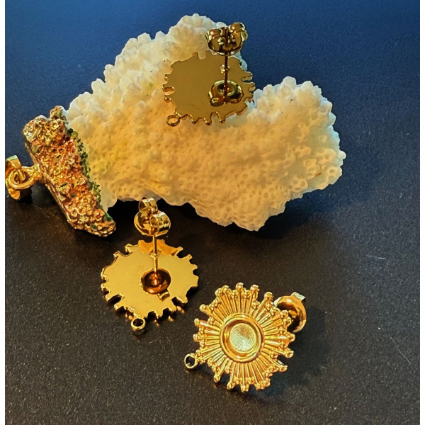 Puces d’Oreilles Soleil Art Déco avec Anneau d’Attache – Acier Inoxydable Doré à l’Or Fin 14K, Placage Ionique