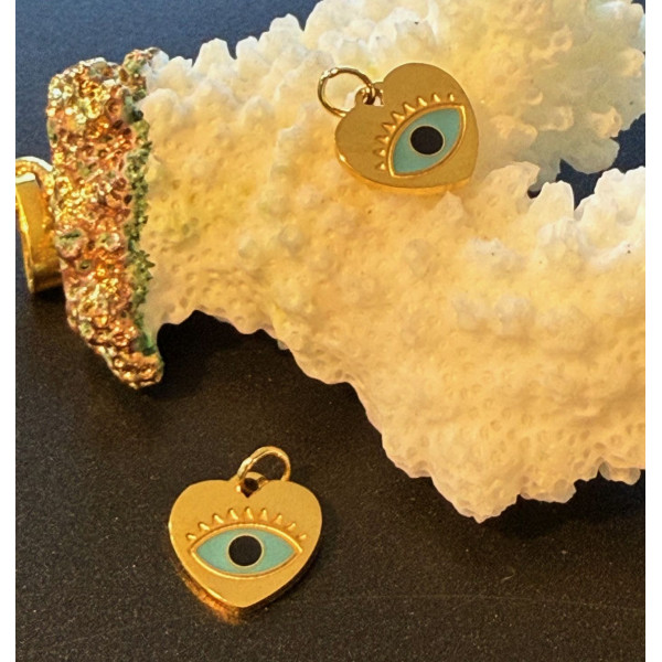 Pendentif Coeur Amulette Oeil 10mm – Acier Inoxydable 316 Doré or 14K