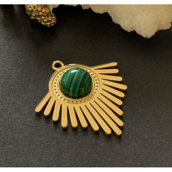 Pendentif Éventail Art Déco 27 mm avec Malachite Synthétique – Acier Inoxydable 304 Doré, Placage Ionique