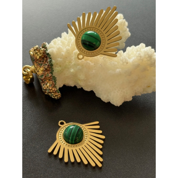 Pendentif Éventail Art Déco 27 mm avec Malachite Synthétique – Acier Inoxydable 304 Doré, Placage Ionique