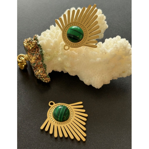 Pendentif Éventail Art Déco 27 mm avec Malachite Synthétique – Acier Inoxydable 304 Doré, Placage Ionique