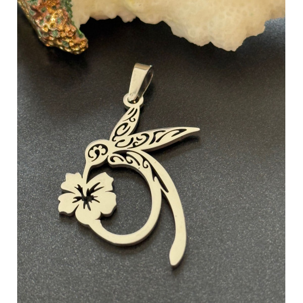 Pendentifs avec Bélière Oiseau, Colibri et Fleur d’Hibiscus – Acier Inoxydable 304 Argenté
